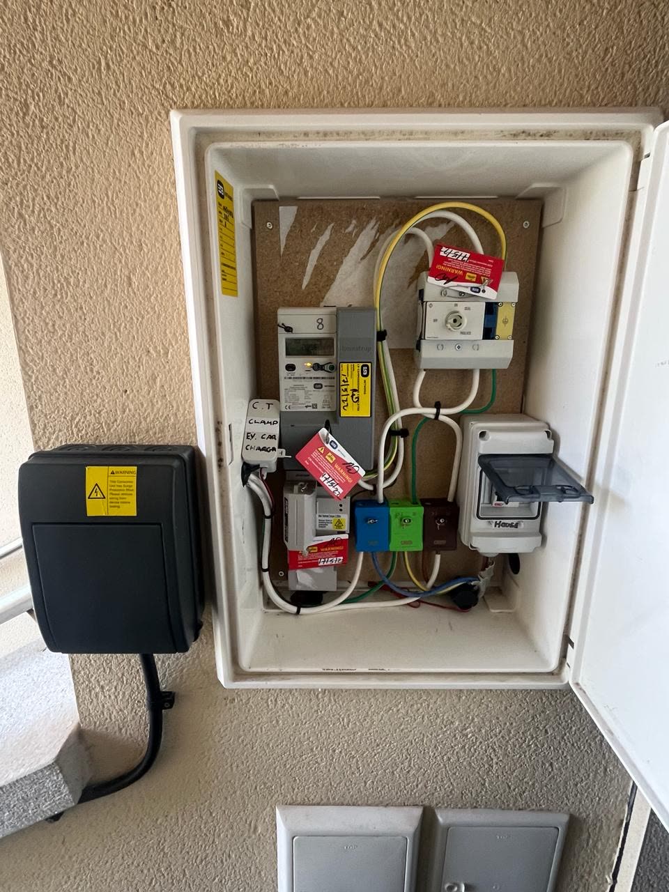 ESB meter box with EV charger CT clamp and wiring